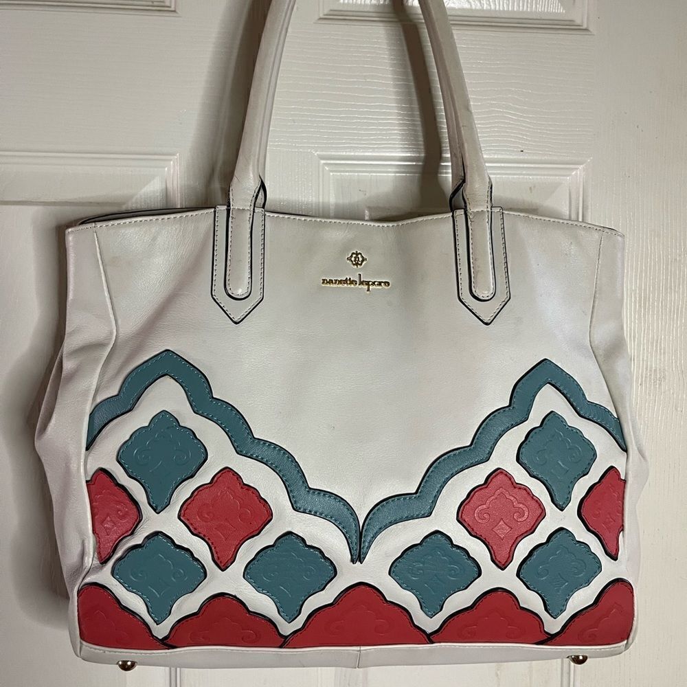 Nanette Lepore leather white ,teal and coral large tote bag with appliqué .